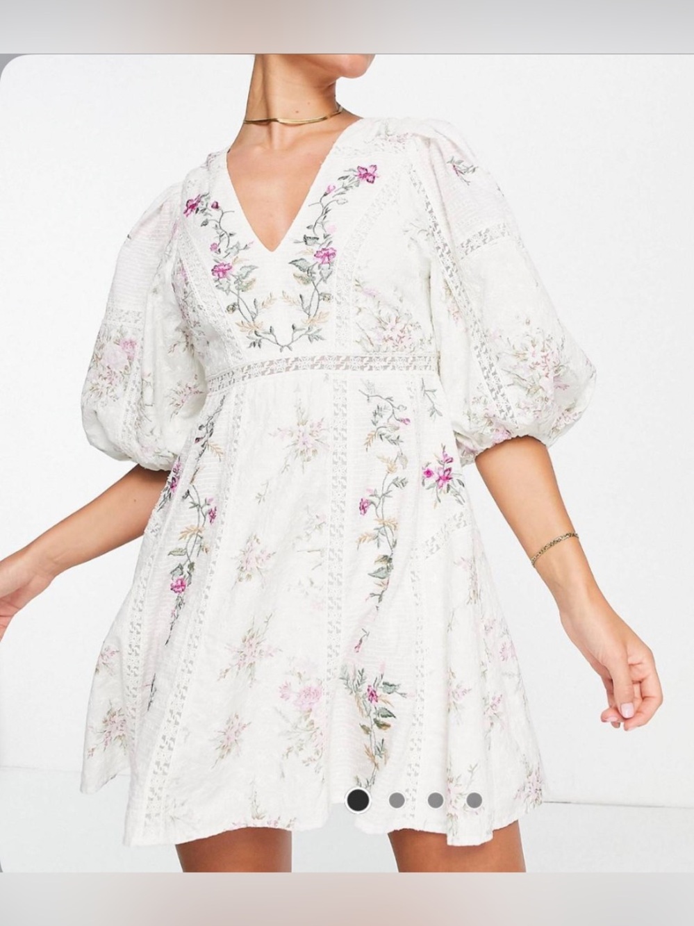 White Floral Embroidered Boho Dress with Pink Accents
